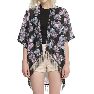 HOT TOPIC XS Teen Skull & Roses Kimono Floral Tassel